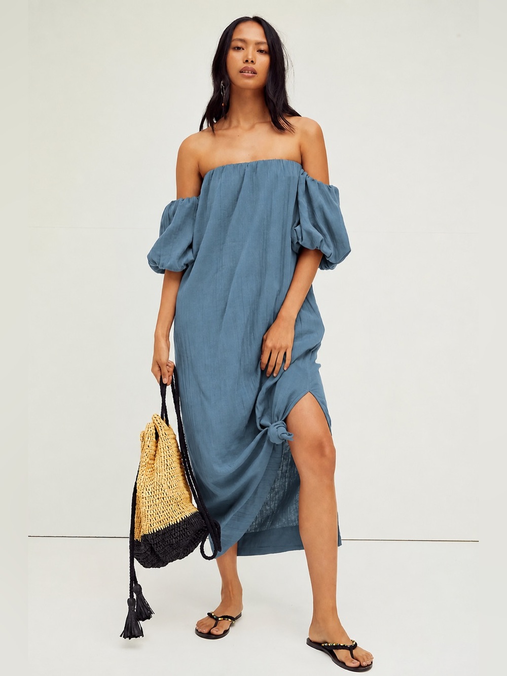 NWT Free People Vieques Off The Shoulder Midi Dress - Blue